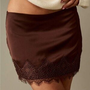 Chocolate Satin Lace Trim Mini Skirt
